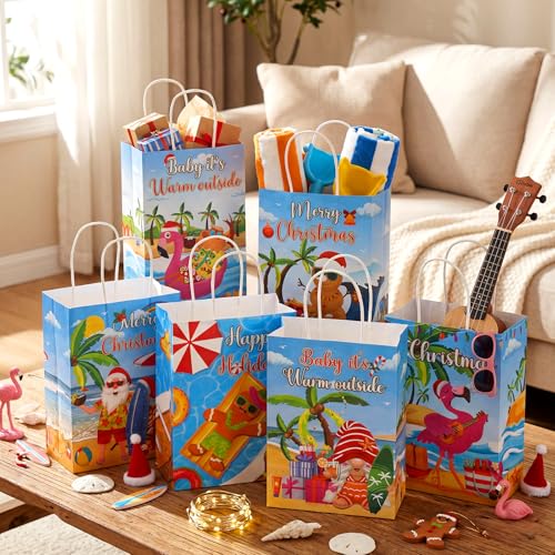 Kolldenn 48 Pcs Hawaiian Christmas Goodie Bags Summer Christmas Party Favor Bag Xmas Gift Paper Bags with Handle Tropical Beach Santa Flamingo Candy Treat Pouch for Xmas Pool Birthday Party - style: July Christmas