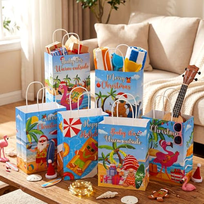 Kolldenn 48 Pcs Hawaiian Christmas Goodie Bags Summer Christmas Party Favor Bag Xmas Gift Paper Bags with Handle Tropical Beach Santa Flamingo Candy Treat Pouch for Xmas Pool Birthday Party - style: July Christmas