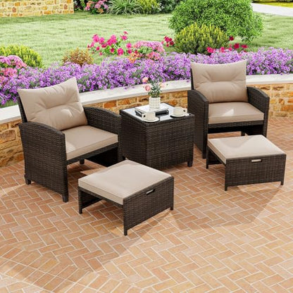 Tangkula 5 Pieces Patio Conversation Set, PE Wicker Rattan Outdoor Furniture Set with 2 Chairs, 2 Ottomans & Tempered Glass Coffee Table, Ideal for Poolside, Backyard, Lawn, Deck (Mix Brown & Beige) - color: Mix Brown & Beige