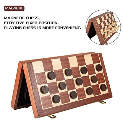 AMEROUS 15 Inches Magnetic Wooden Chess & Checkers Set (2 in 1) - Folding Board -Gift Box Packed -24 Cherkers Pieces -2 Extra Queens, Beginner Chess Set for Kids and Adults