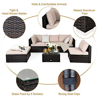 Tangkula 6 Piece Patio Furniture Set, Outdoor Deck Lawn Backyard Durable Steel Frame PE Rattan Wicker Sectional Sofa Set, Conversation Set with Coffee Table (Beige) - color: Beige, size: 6 Pieces