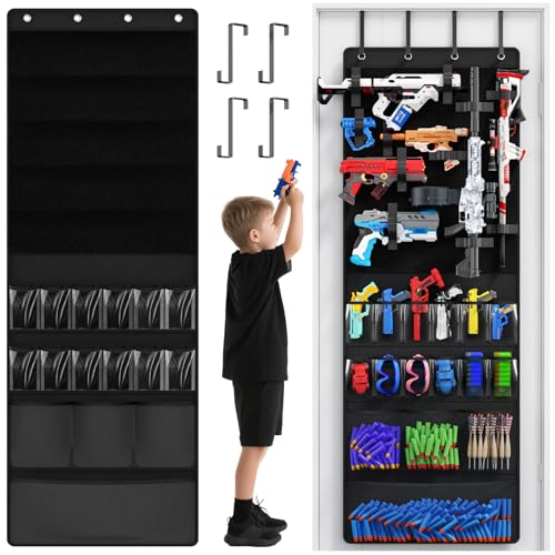 Over the Door Organizer for Toy Guns, Toys Storage Door Hanger with Pockets and Slots for Kids Foam Blasters, Darts, Goggles, Over Door Toy Guns Storage Organizer, for Kids Rooms, Game Rooms, Black - color: Black