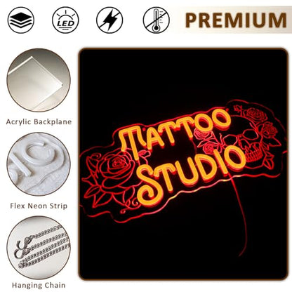 Tattoo Studio Neon Sign for Wall Decor, Red Rose Flower Led Signs for Business, USB Dimmable Skull Neon Lights for Tattoo Piercing Salon Beer Bar Pub Garage Man Cave Gothic Party Decor - style: Tattoo Studio