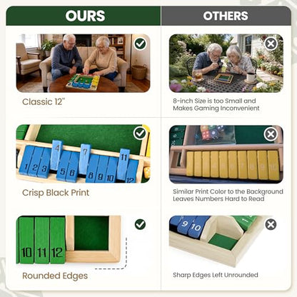ropoda 12 Inches 4-Way Shut The Box Dice Board Game (2-4 Players) for Kids & Adults [4 Sided Large Wooden Board Game, 8 Dice + Shut-The-Box Rules] Smart Game for Learning Addition - size: 12in-Classic