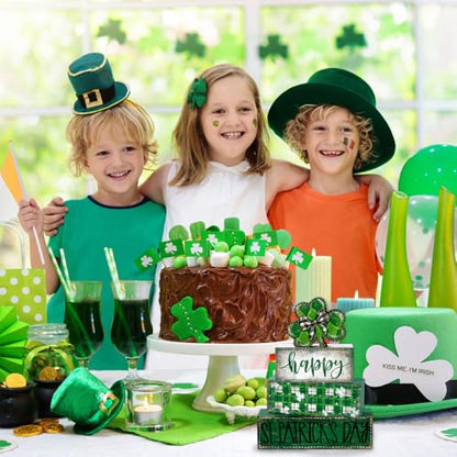 DIYDEC 4Pcs St.Patrick's Day Table Decoration Shamrocks Wooden Block Signs Rustic St. Patrick Tiered Tray Decor Happy St.Patrick's Day Centerpiece Sign for Farmhouse Holiday Tabletop Home Party Decor - style: St.Patrick's Day Shamrocks