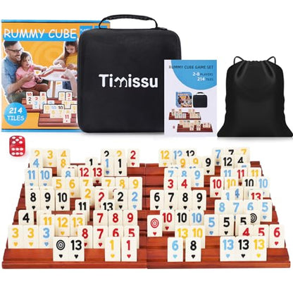 Rummy Cube 6-8 Players with 8 Wooden Racks 214 Large Number Rummy Tiles Travel Size Rummy Cube Game with Case 8 Players Travel Game Set for Fun Family Board Games - style: 214 Tiles+8 Racks