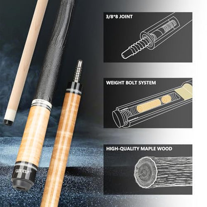 CUEELF Pool Cue Stick Low Deflection Hand-Made Inlay Billiard Cue 58'' Professional Billiard Pool Cue Stick for Adults-12.5mm Tip,3/8 * 8 Joint - color: WD-YH-SM-HB-BS