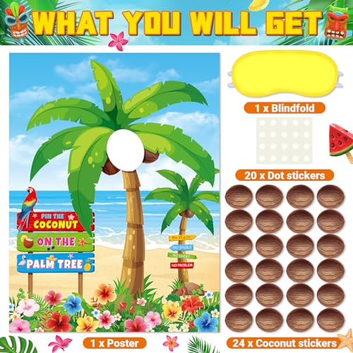 Faccito Hawaiian Party Game Luau Games Summer Tropical Pin The Sunglasses on Pineapple Pin The Coconut on Palm Tree with 24 Pcs Stickers for Tiki Summer Beach Hawaii Luau Party Supplies(Coconut) - style: Palm