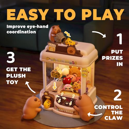 Large Capybara Claw Machine for Kids, Arcade Prize Grabber with 30 Starter Prizes, 3-Joystick Controls, Lights and Music, Gift for Ages 3 and Up - color: Brown and Beige