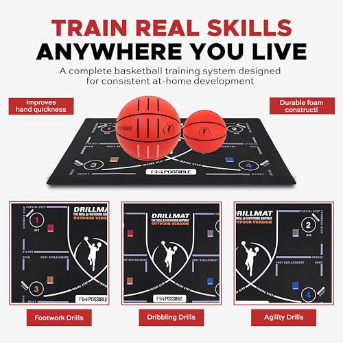 Portable Basketball Footwork Training Mat & SafeBounce System | At-Home Skill Training for Ball Handling, Footwork & Control | Includes DrillMat Outdoor, Regulation & Mini Trainer Balls