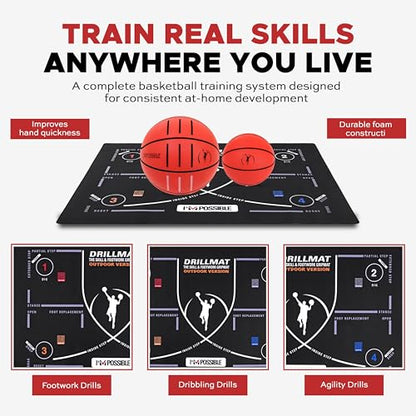 Portable Basketball Footwork Training Mat & SafeBounce System | At-Home Skill Training for Ball Handling, Footwork & Control | Includes DrillMat Outdoor, Regulation & Mini Trainer Balls