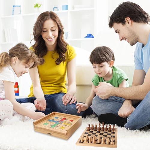 GSE Games & Sports Expert Wooden 9-in-1 Chess, Checkers, Backgammon, Dominoes, Chinese Checkers, Tic-Tac-Toe, Ludo, Playing Cards & Poker Dice Game Combo Set