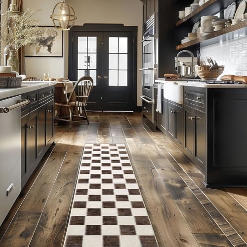 EVERGRACE Checkered Plaid Area Rug 2x8, Soft Fuzzy Faux Wool Rugs Washable Anti Slip Rugs Long Runner Rug Carpet for Entryway Bedroom Living Room Hallway Kitchen Dining Room and Laundry, Dark Brown - color: Dark Brown, size: 2' x 8' (Runner)