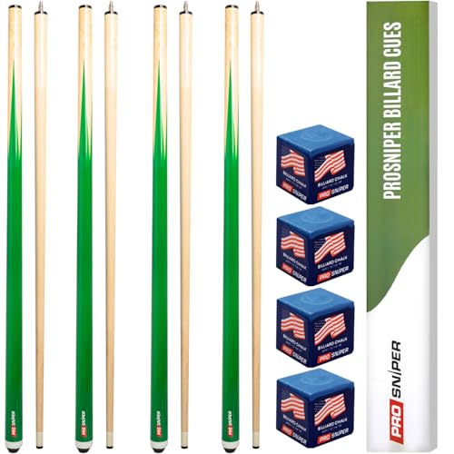 Prosniper Premium Pool Sticks Set of 4 | 58-Inch, 19-Oz Canadian Ashwood Pool Cue with Low-Deflection Shaft & 4 Extra Chalks | Pro-Grade Billiard Cue for Home & Bar Play - color: Green