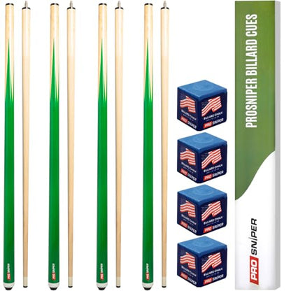 Prosniper Premium Pool Sticks Set of 4 | 58-Inch, 19-Oz Canadian Ashwood Pool Cue with Low-Deflection Shaft & 4 Extra Chalks | Pro-Grade Billiard Cue for Home & Bar Play - color: Green