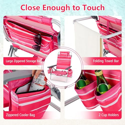 Tangkula Backpack Beach Chair with Table, 5-Position Lay Flat Beach Chairs with Cooler Bag, 2 Cup Holders, Towel Bar, Lightweight Low Folding Beach Chair with Backpack Straps - color: Pink Stripe, style: 2 Pack with Table