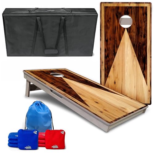 Cornhole Solutions Tournament Cornhole Boards – Regulation 4 ft x 2 ft Professional Set – ¾″ Baltic Birch Plywood – Folding Legs – UV Printed & Clear Coated (Wooden Triangle)