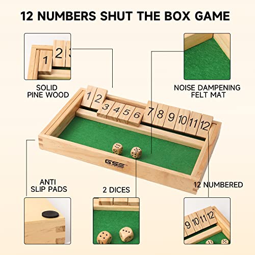 GSE Games & Sports Expert Wooden Shut The Box 12 Number Spots Dice Game Board with 2 Wooden Dice, Classic Tabletop Game Version of The Popular English Pub or Game Night