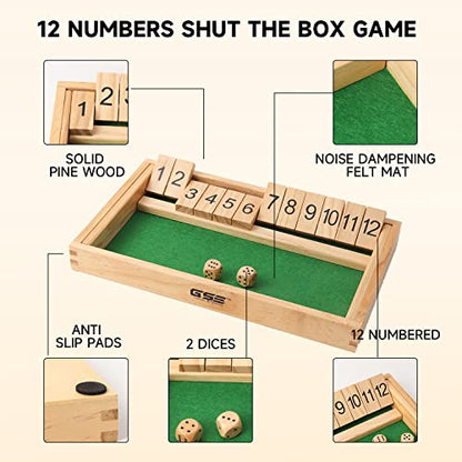 GSE Games & Sports Expert Wooden Shut The Box 12 Number Spots Dice Game Board with 2 Wooden Dice, Classic Tabletop Game Version of The Popular English Pub or Game Night