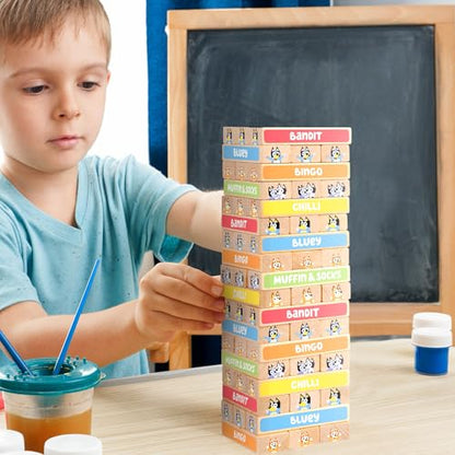 Bluey 8th Wonder Stackable Tumbling Tower Game, Robust Wooden Stacking Game with 54 Illustrated Colored Blocks, Fun Balancing Toy for Kids Ages 3+ - style: Tumbling Tower
