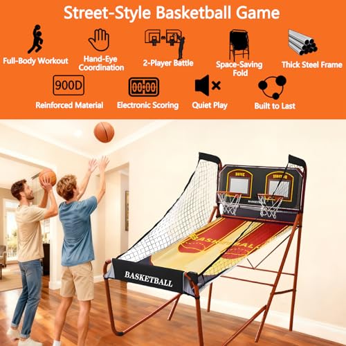 Electronic Basketball Arcade Game, Foldable Dual Shot Basketball Game Machine with 8 Game Modes, 5 Balls, Air Pump, LED Scoring,for Kids Adults
