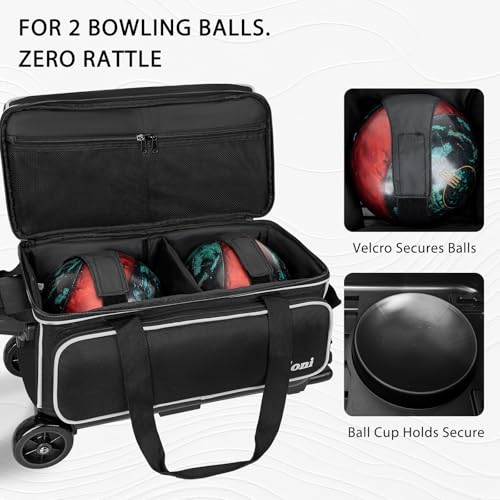 Goloni Double Roller 2 Ball Bowling Bag with Separate Shoe Compartment,2 Ball Bowling Bag with Wheels,Retractable Handle Extends to 40" - color: Black/white