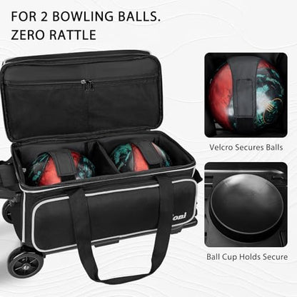 Goloni Double Roller 2 Ball Bowling Bag with Separate Shoe Compartment,2 Ball Bowling Bag with Wheels,Retractable Handle Extends to 40" - color: Black/white