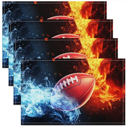 Erosebridal Football Placemats Set of 4 12x18 Ice Fire Place Mat for Kids Teens Men Lightning Ball Games Soccer Sports Brown Blue Red Heat Resisting Table Mats - color: Brown Blue Red