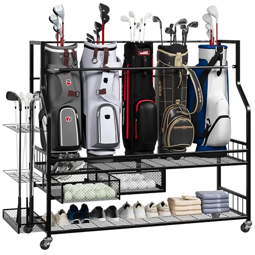 Golf Bag Storage Garage Organizer, Golf Bag Stand Fit for 4 Golf Bags, Golf Clubs, Golf Balls, Golf Equipment Accessories, Golf Bag Storage Rack with Wheels for Garage, Club, Shed, Basement - size: 57.5" L x 44.5" W x 15.7“ H