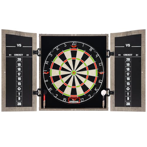 Dartboard Cabinet Set with 18" Bristle Dartboard - Self-Healing Sisal, 6 Steel Tip Darts, Scoreboard & Chalk - All-in-One Game Room Set for Home, Bar, Garage (Gray)