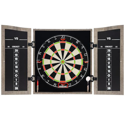 Dartboard Cabinet Set with 18" Bristle Dartboard - Self-Healing Sisal, 6 Steel Tip Darts, Scoreboard & Chalk - All-in-One Game Room Set for Home, Bar, Garage (Gray)