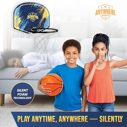 Anywhere Sports Silent Basketball & Hoop Set – Over-The-Door, Quiet Play for Kids, Easy Clip-On Mount, Includes 6-Inch Foam Basketball
