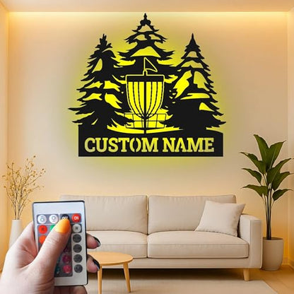 Custom Disc Golf Basket Led Light Metal Wall Art Personalized Gift for Disc Golfers Outdoor Decor for Enthusiasts