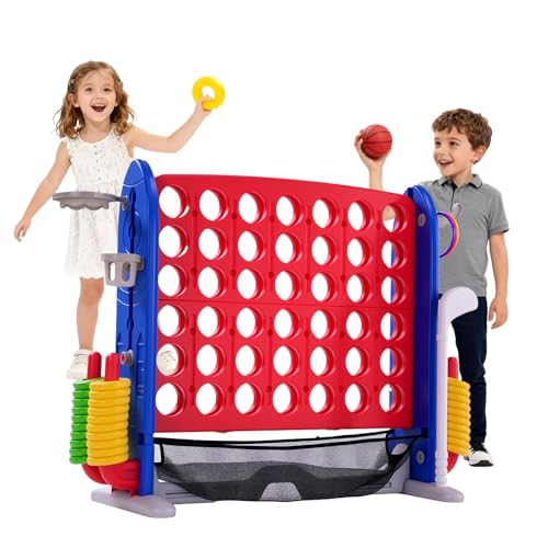 Jumbo 4-in-a-Row Giant Connect Game - Adjustable Height (2.5-3.5 ft) Stand, Quick-Release Slider, 42 Rings, Indoor Outdoor Party/Family Game for Kids & Adults-red