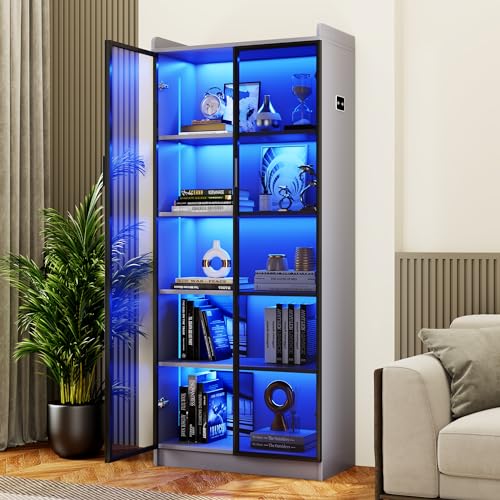 Dystler 65" Tall Display Cabinet with Doors, Lighted Bookcase with Lights/Human Sensor, 5 Tier Display Case with Adjustable Shelves for Collectibles Bedroom Living Room Office, Grey-Smoked Black Door - color: Grey-smoked Black Doors