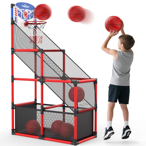 EagleStone Kids Adjustable Arcade Basketball Hoop with LED Lights & Scoreboard, 4 Balls Ball Storage Net, Indoor Outdoor Carnival Basketball Game Set for Boys & Girls Ages 3-12, Pump Included - color: Red Led Scoreboard