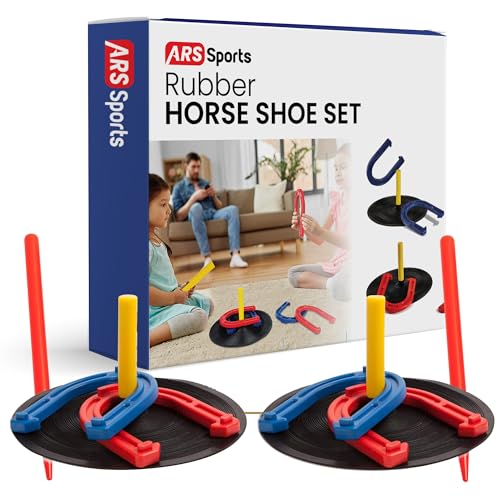 Indoor Outdoor Rubber Horseshoes Set: 4 Horseshoes, 2 Pegs, 2 Rubber Mats, 2 Red Plastic dowels & 1 Mesh Bag | Perfect for Tailgate, Beach, Parks, Picnics, Backyard, Fun for Kids Adults