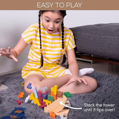 Tower Stack Game - 32PCS Wooden Balance Game with Building Blocks & Cards - Durable Tetra Tower Stacking for Kids & Adults - Fun 1+ Player Balance Stacking Games.
