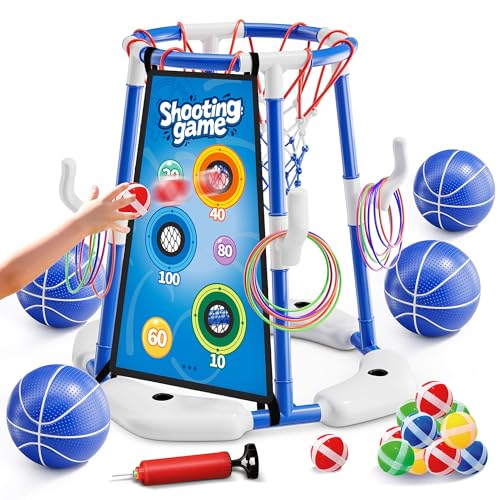 3 in 1 Pool Basketball Hoop & Ring Toss Game for Kids 4-8 8-12 - Floating Pool Toys Set with 4 Basketballs, 12 Rings, 2 Target Boards, 12 Bean Bags, Pump - Backyard Swimming Pool Summer Birthday Gift - color: blue