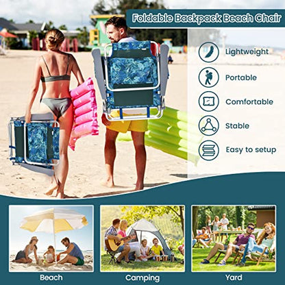 Tangkula Set of 2 Backpack Beach Chair, 5-Position Lay Flat Beach Chairs with Cooler Bag, 2 Cup Holders, Towel Bar, Lightweight Folding Beach Chair with Backpack Straps - color: Navy, style: 2 Pack