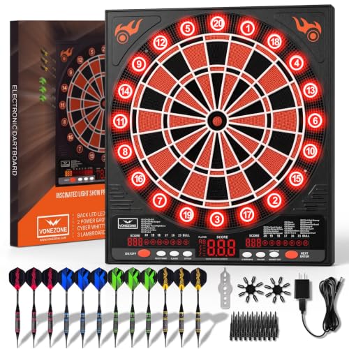 Electronic Dart Board, 12 Darts Soft Tip, Digital Dartboard for Adults, 34 Games 355 Variants Auto Scoring, LED Improved Light-up Display Wall Mount for Home Bar Party Game Room