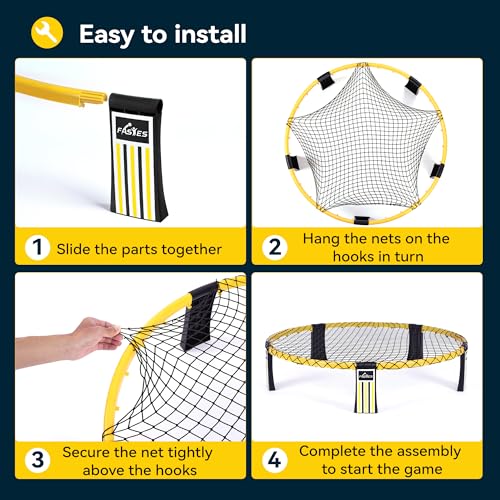 Outdoor Beach Ball Game Includes 3 Balls, Net and Carrying Bag -Roundnet Game Set for Adults, Kids, and Family - Perfect for Beach, Yard, Lawn, Backyard, and Park - color: Yellow