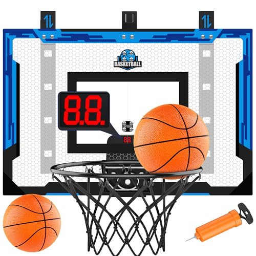 24" x 16" Indoor Large Basketball Hoop Toy - Upgraded Adjustable Height Basketball Hoop Over The Door with Scoreboard/2 Balls, Basketball Toys Christmas Birthday Gifts for Kids & Adults(Blue) - color: Blue