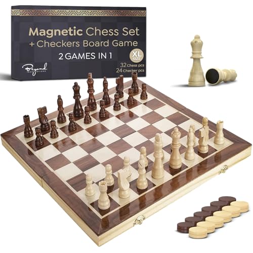 Wooden Magnetic Chess Set & Checkers Board Game, 17” Foldable Chess Board | Solid Wood 2-in-1 Board Game for Adults with Storage Box, 2 Extra Queens, Portable Travel Chess Set for Kids & Beginners - size: XL (17" x 17")