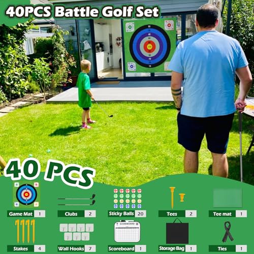 Battle Golf Chipping Game Set for Kids Adults, Chip and Stick Golf Game with 2 Adjustable Clubs, 5×5FT Double-Sided Chipping Practice Mat, 20 Sticky Balls Sport Toy Gift for Indoor Outdoor Family Fun
