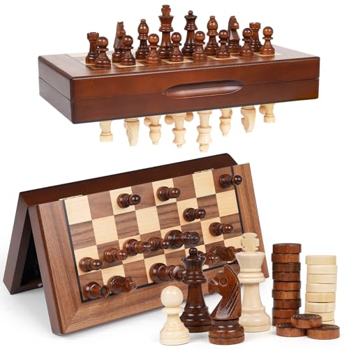 2 in 1 Magnetic Wooden Chess and Checkers Board Game Set, 12" Folding Chess Boards, Portable Travel Chess Sets with Pieces Storage Slots, Beginner Chess Game Set for Kids and Adults