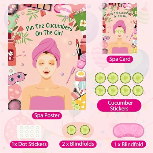 PLULON Spa Party Game for Girls Party, Pin The Cucumber on The Girl Spa Game Poster for Kids Girl Spa Birthday Makeup Sleepover Slumber Party Supplies Women Party Decor - style: Spa