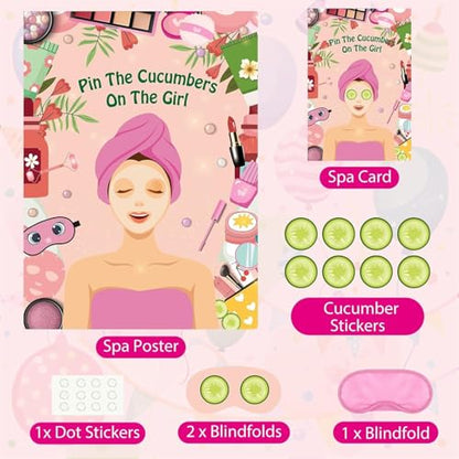 PLULON Spa Party Game for Girls Party, Pin The Cucumber on The Girl Spa Game Poster for Kids Girl Spa Birthday Makeup Sleepover Slumber Party Supplies Women Party Decor - style: Spa
