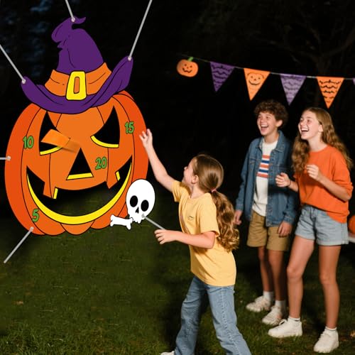 Tiamon Halloween Pumpkin Bean Bag Toss Game Banner with 3 Bean Bags, 47x45 Large Pumpkin Halloween Toss Game, Trick or Treat Party Supplies, Classroom Carnival Fall Festival Activities