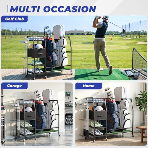 Golf Bag Organizer Storage Rack, Rolling Golf Storage Organizer for Garage, Golf Equipment Holder with Wheels, Turf Mat, Carbon Steel - size: 43.3 in (L) x 15.8 in (W) x 37.4 in (H)